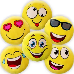 Round Emoticon Pillows, Stuffed Smiley Face Cushions, Assorted 6 Pack