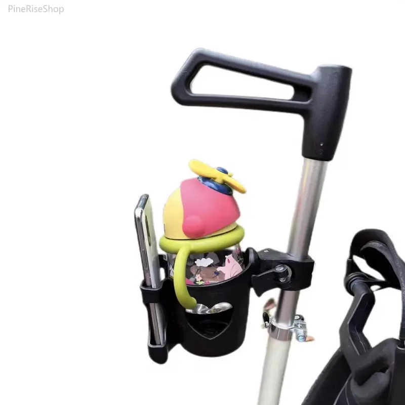Universal Fit Plastic Cup Holder, Multi-purpose Clamp-On Organizer for Baby Strollers & Outdoor Cycling, Traveling Stroller Gear with Phone Storage, Stroller Accessories