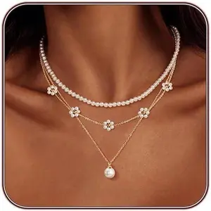 Pearl Necklaces for Women 14K Gold Plated Dainty Layered Single Pearl Necklace Simple Daisy Pearls Choker Cute Gold Necklace Stack Jewelry Sets for Women Trendy GiftsValentine's Day gifts