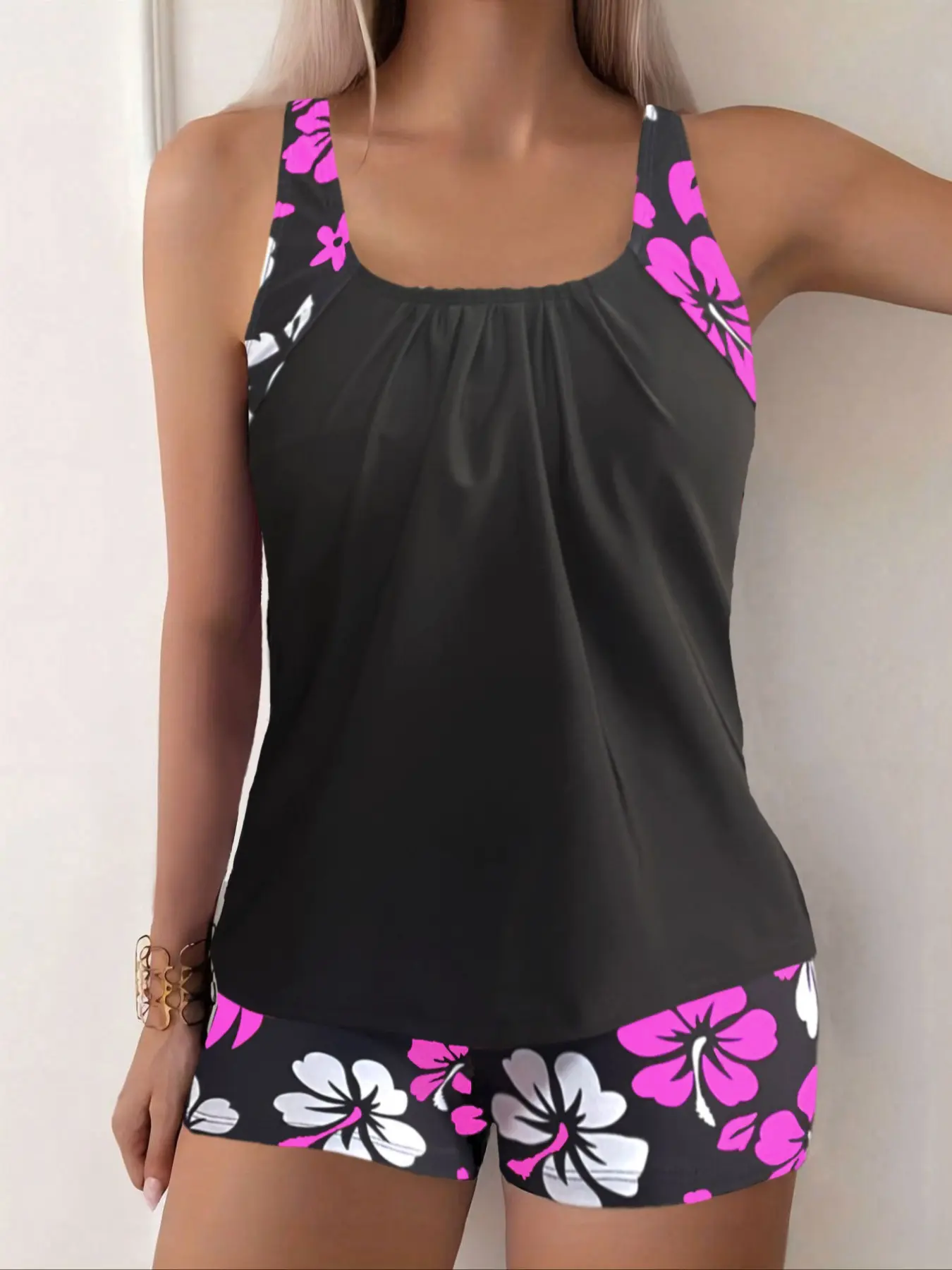 Women's Floral Print Swimsuit Set, Fitted Design for All Seasons, Ideal for Swimming & Beach Wear, Comfortable Fit, Floral Print Tankini Top & Bottoms, Tankini Swimsuits Sets, Tankini Swimwear Set