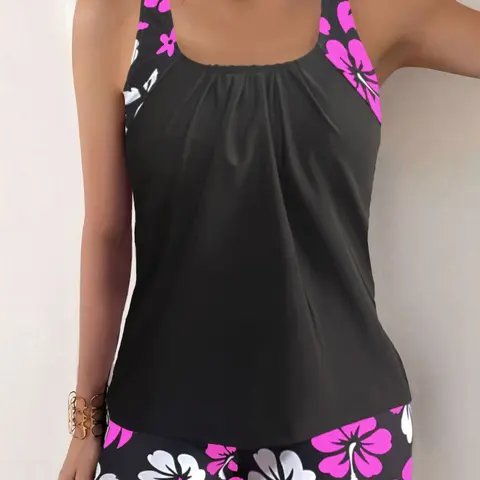 Women's Floral Print Swimsuit Set, Fitted Design for All Seasons, Ideal for Swimming & Beach Wear, Comfortable Fit, Floral Print Tankini Top & Bottoms, Tankini Swimsuits Sets, Tankini Swimwear Set, Flower Print Swimsuit, Tankini Outfit