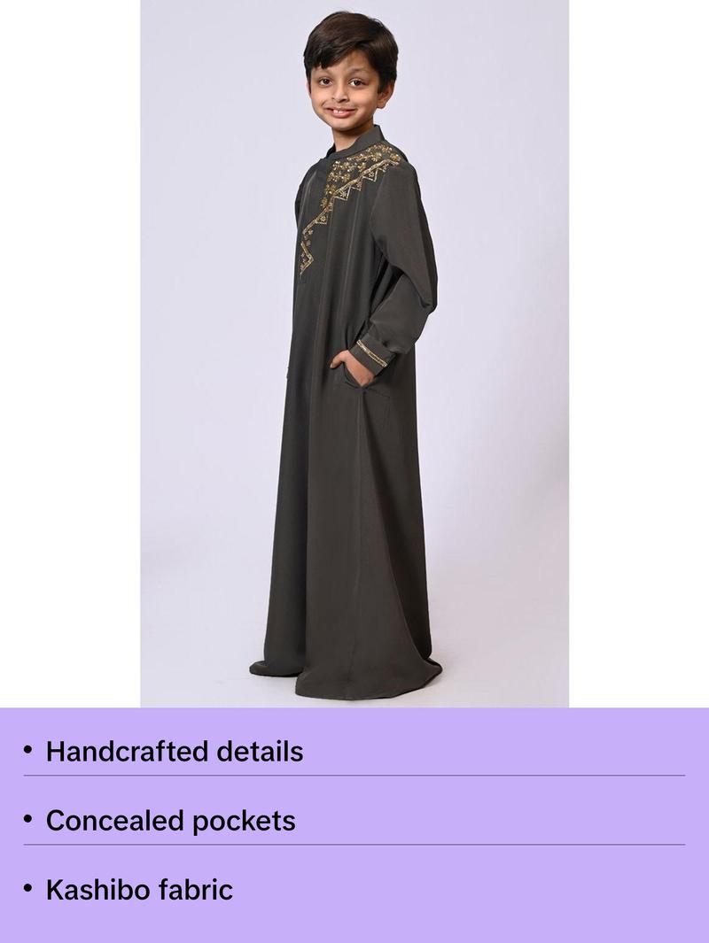 Handcrafted Elegance: Traditional Boy's  Grey  Thobe with Intricate Details - Final Sale