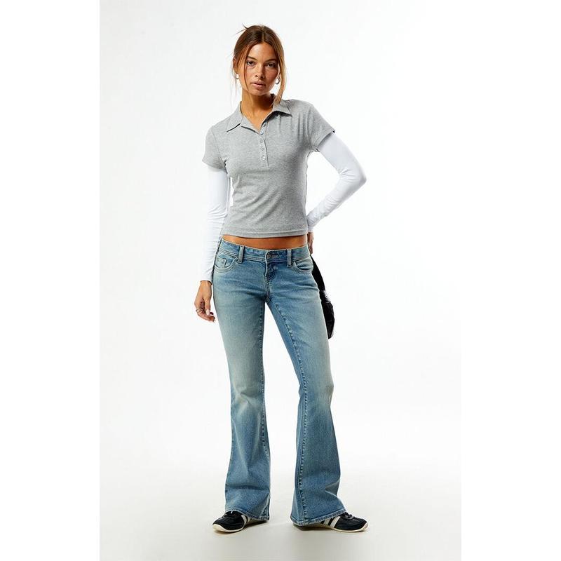 Pacsun Women's Alana Ultra Low Rise Flare Jeans Button Pockets Light Blue