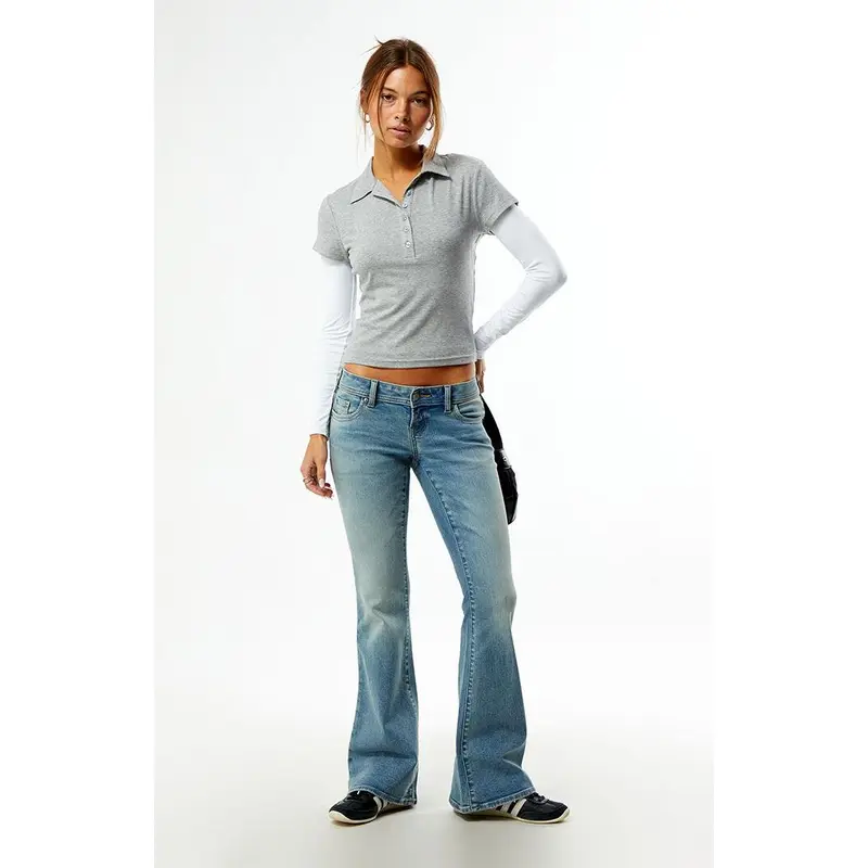 Pacsun Women's Alana Ultra Low Rise Flare Jeans Button Pockets Light Blue