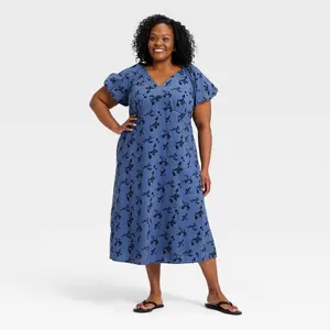 Women's Puff Short Sleeve Midi Sundress - Universal Thread Dark Blue Floral 2X