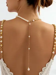 French Gentle Pearl Front-Back Wear Y-Type Back Chain, Bride Wedding Dress Clavicle Necklace Set, 2 Piece Alloy Organic Glass