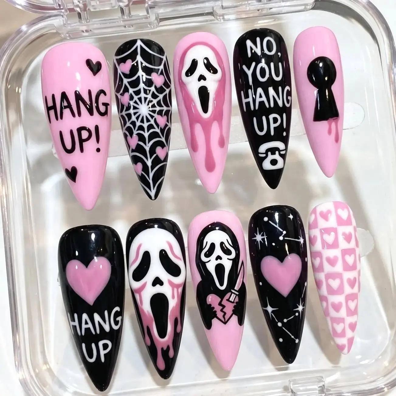 Pink Scream Press On Nails, Gothic Ghost Face Fake Nails, Cute Spooky Coquette False Nails, Heart Web Halloween Horror Custom Movie Nail Art
