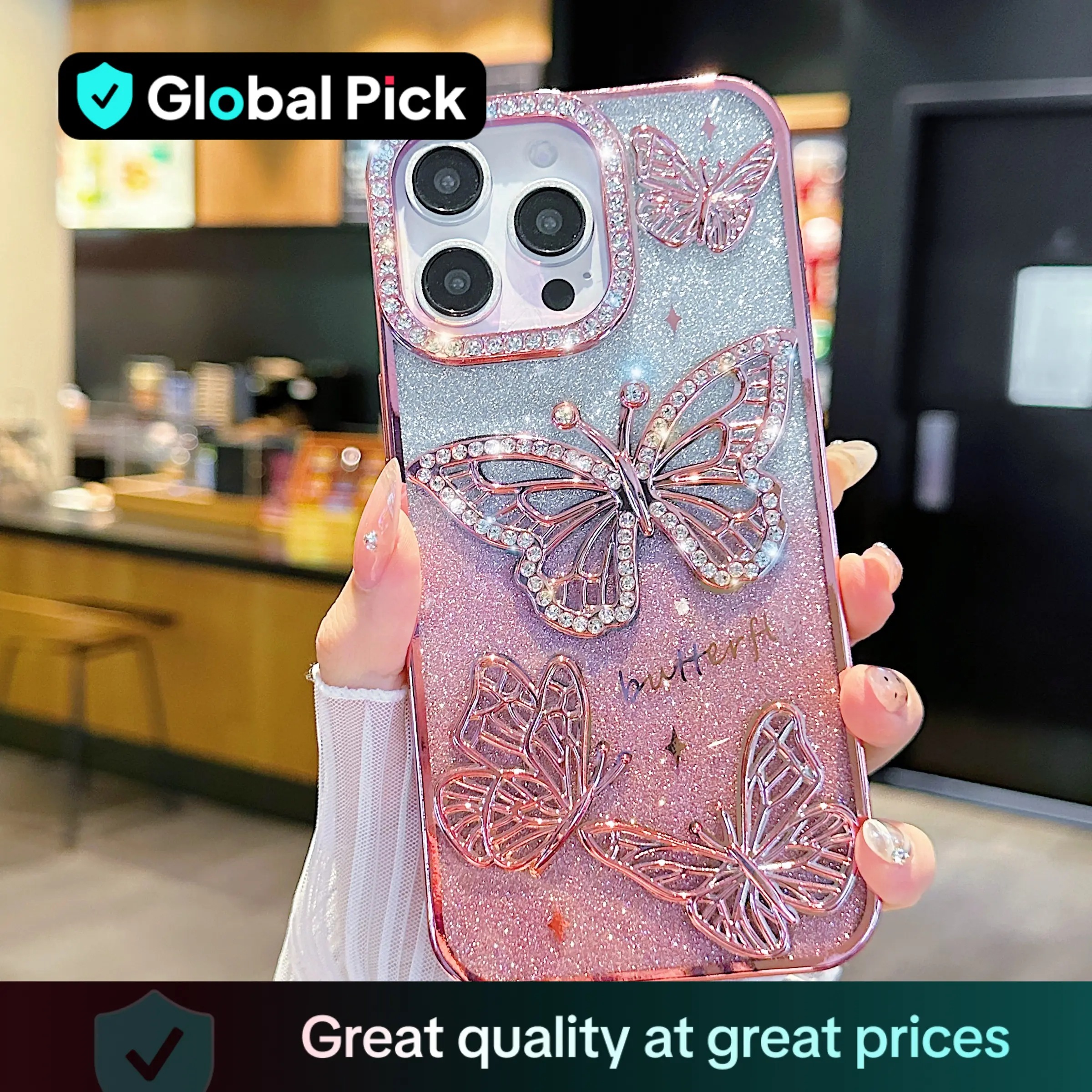 Butterfly Pattern Phone Case, Rhinestone Decor Phone Protective Cover, Phone Accessory Compatible with iPhone 16 Pro Max 15 14 13 12 11