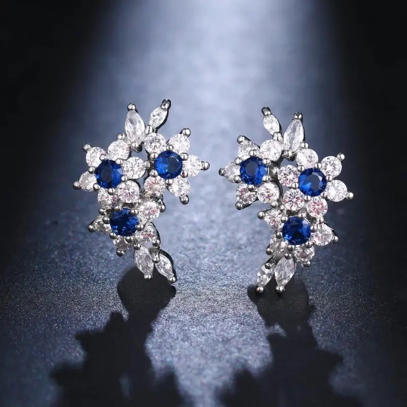 Flower-Shaped Silver-Plated Earrings with Inlaid Blue Sapphires - Elegant Statement Pieces for Party, Wedding & Banquet Stunning Jewelry