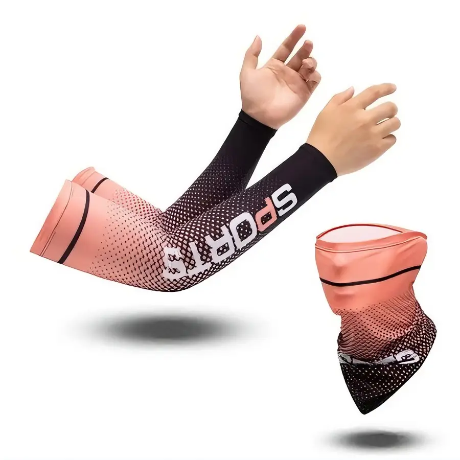 Sports Brand Arm Warmers & Neck Gaiter Set in Pink and Black with "SPORTS" Text for Outdoor Activities