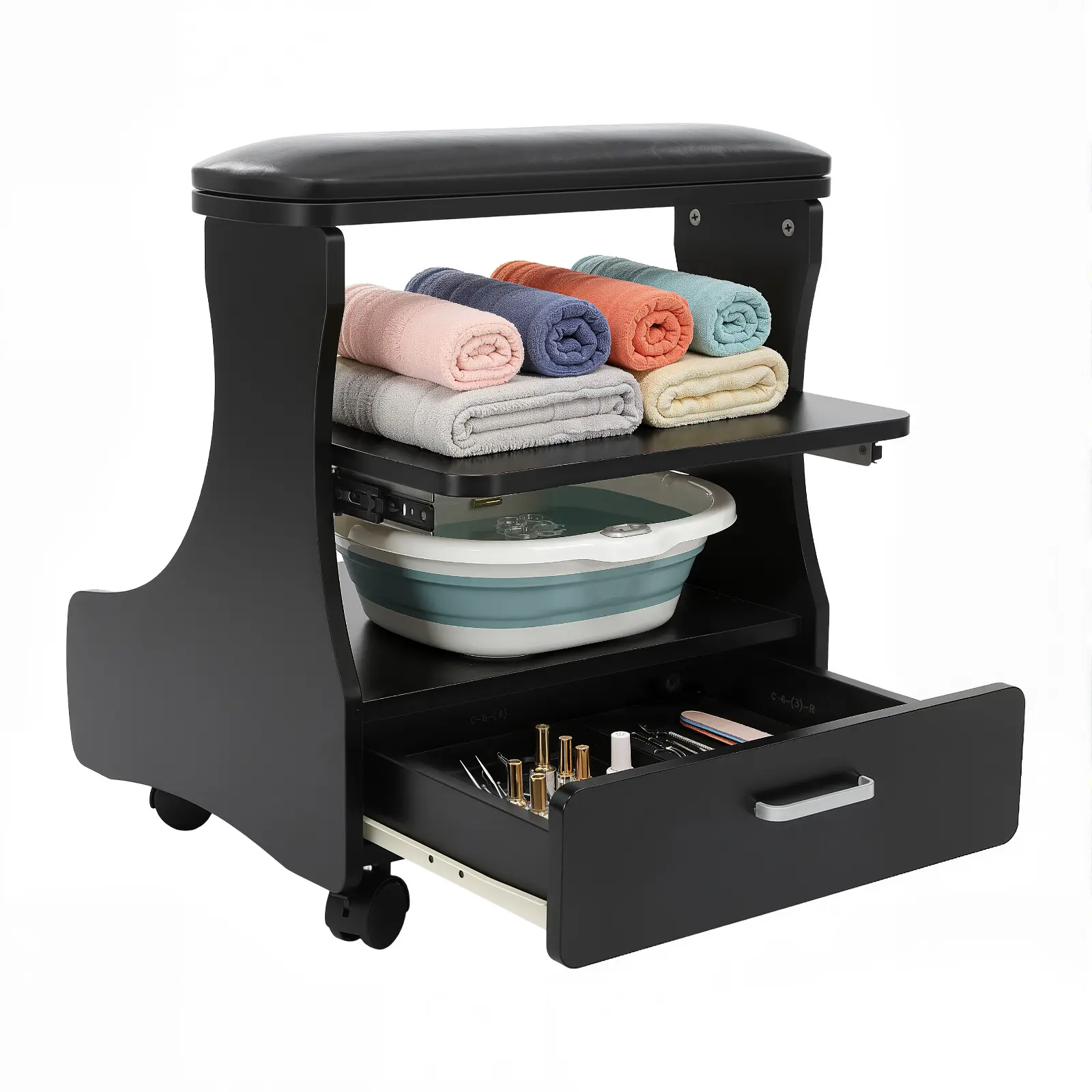 3-Tier Pedicure Foot Rest with Wheels & Drawer, PU Cushioned Salon Stool for Nail Tech, Heavy Duty 176 lbs Capacity Mobile Foot Stand for Beauty Salon Spa Pedicure Station Father Son High School Graduation Gift