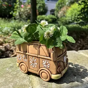 Vintage Car Cactus Plant Pot, Cute Resin Flower Pot, Unique Desktop Decoration for Home, Small Fun Planter, 1 Piece Bus Shaped