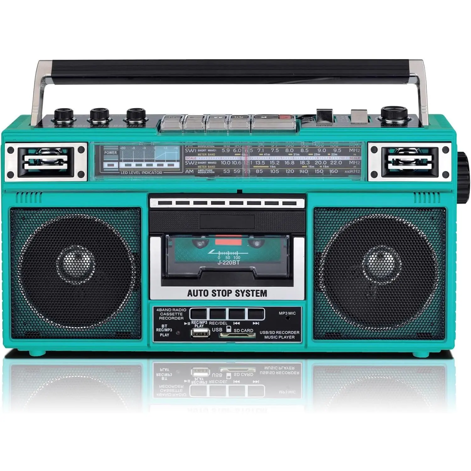 Vintage Turquoise Digital Boombox for Road Trip & Backyard Party - 4-Band (AM,FM,SW1,SW2) Radio, Bluetooth, Dual 3-in-1 Speakers, USB, Cells Compatibility, Microphone, Recorder, 3-Band Equalizer, Radio-to-Cassette MP3 Conversion, Swivel Function, Family G