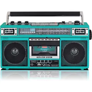 Aqua Turquoise Boombox MP3 Conversion from Radio to Cassette with 4-Band (AM, FM, SW1, SW2) Radio with Bluetooth, Dual 3" Speakers,-in Microphone, Recorder, and a 3-Band Equalizer