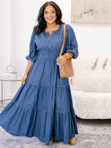 Elegant Chic V-Neck Half-Sleeve Denim Dress, Plus Size Women's Fashion Casual Retro Blue Jeans A-Line Dress, Bubble Sleeve Slimming Long Skirt