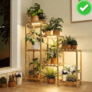 Wooden indoor plant stand with built-in lighting.