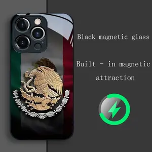 Magnetic glass phone case with Mexican Golden Eagle badge pattern, Suitable for iPhone 11, 12, 13, 14, 15, 16, 17 PIUS, Pro, and Promax.