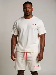 ETN Mens Cream Acid Wash Summer Set - Fitted T-Shirt & Above-Knee Shorts - Casual Minimalist 100% Premium Cotton Comfortable Stylish