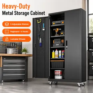 71" Tall Metal Garage Storage Cabinet with Wheels, Black Lockable Steel Tool Cabinet with Pegboard Doors, 5 Adjustable Shelves, 120 lbs Per Shelf, Heavy Duty Storage Cabinet for Garage, Workshop, Warehouse, Home Office
