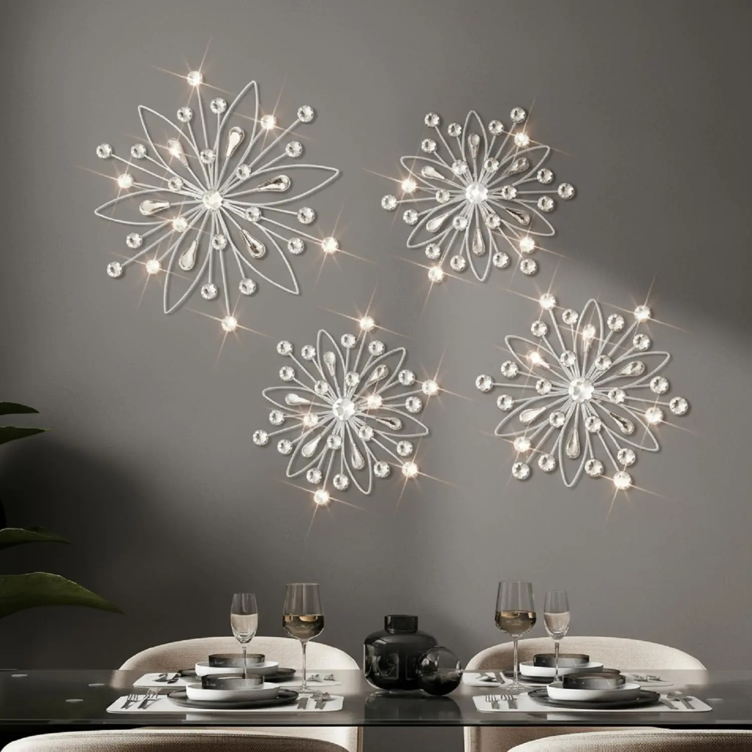 Lingvee 4 Pcs Starburst Wall Decor Bling Flower Wall Art Crystal 3D Hanging Rhinestone Diamond Radial Metal Artwork Modern Accent Sculptures Decorations for Living Room Home Office Bedroom