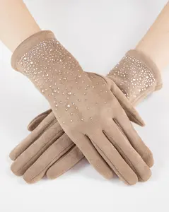 Rhinestone Studded Faux Fur Trim Touch-Screen Gloves for Women Stylish Functional Winter Accessories White