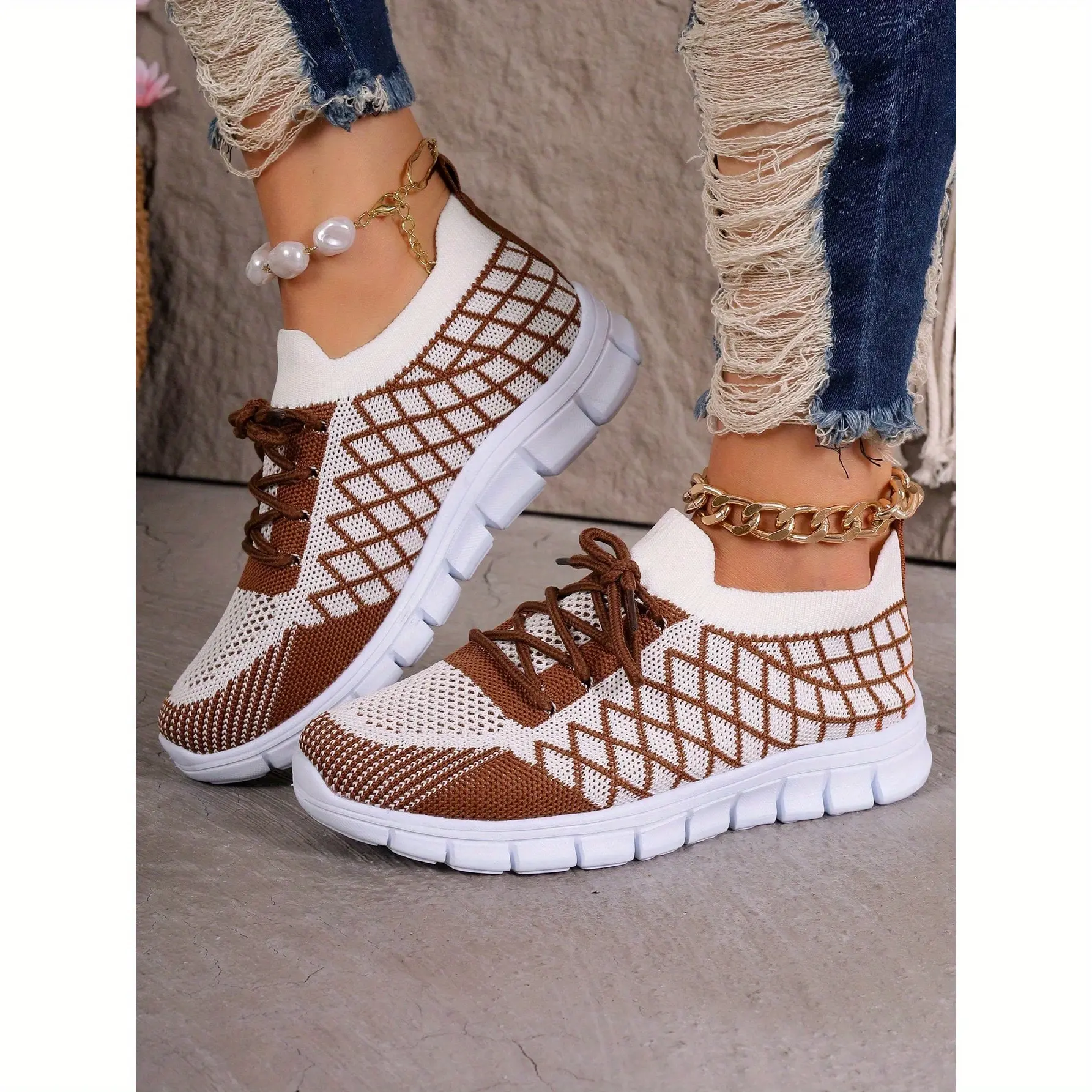 Women's Wide Width Slip On Tie Up Flat Snkrs Airy Mesh Geometric Pattern Light Comfy Daily Sports For Women Fitness Running Outdoor Brown Gym Trainers, Lace Up, Ballet, Trendy Sleek Heels Practical Everyday Pair