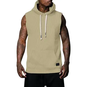Men's khaki Ribbed Knit Hooded Vest With Front Pocket Casual Sporty Top For Spring Autumn Layering Gym Workouts Outdoor Activities Trendy Pick For Fitness Enthusiasts