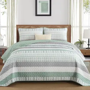 DJY Striped Set King Size, Sage Green Boho Bedspread Set 3 Pieces Patchwork Coverlet Bedding Set Lightweight Soft Microfiber for All Season (104"x90")