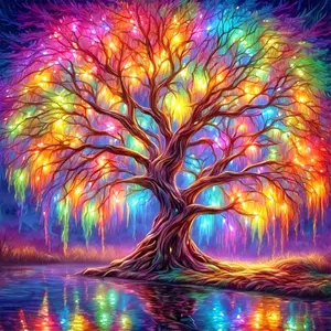 5D DIY Full Round Drill Diamond Painting Colorful Tree by the Lake Decor 30x30cm