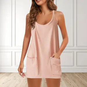 Women's Lightweight Sleeveless Mini Dress with Built-In Shorts & Pockets Casual Gym Dress for Workouts, Lounge, - Machine Washable Summer Pajama Dress Lounge Attire, Soft Fabric Construction