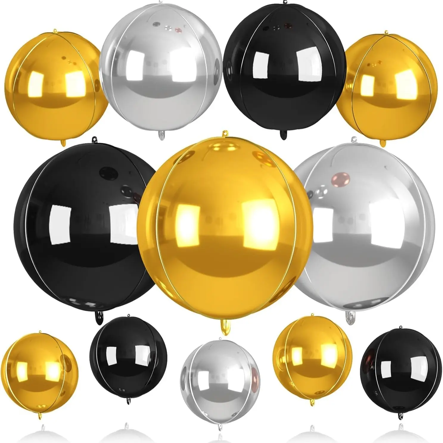 Black Silver Gold Balloons 12 Pack, 4D Metallic Round Foil Balloons (22/18/10 Inch), Helium/Air Fillable Mylar Sphere Balloons with Ribbon & Straw, for Birthday Party Decorations, Anniversary, Graduation, Disco Party Decor