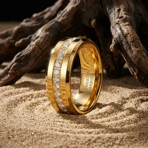 Yonifu  8mm Silver/Gold Tungsten carbide Rings for Men Women Couple Eternity Anniversary Engagement Wedding Bands Fashion Jewelry CZ Stone Inlay Beveled Polished Shiny Comfort Fit