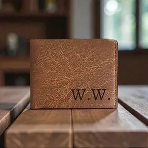Personalized Men's Wallet Custom Engraved PU Leather Bifold Initial Gift for Him Dad Husband Brown Classic Design