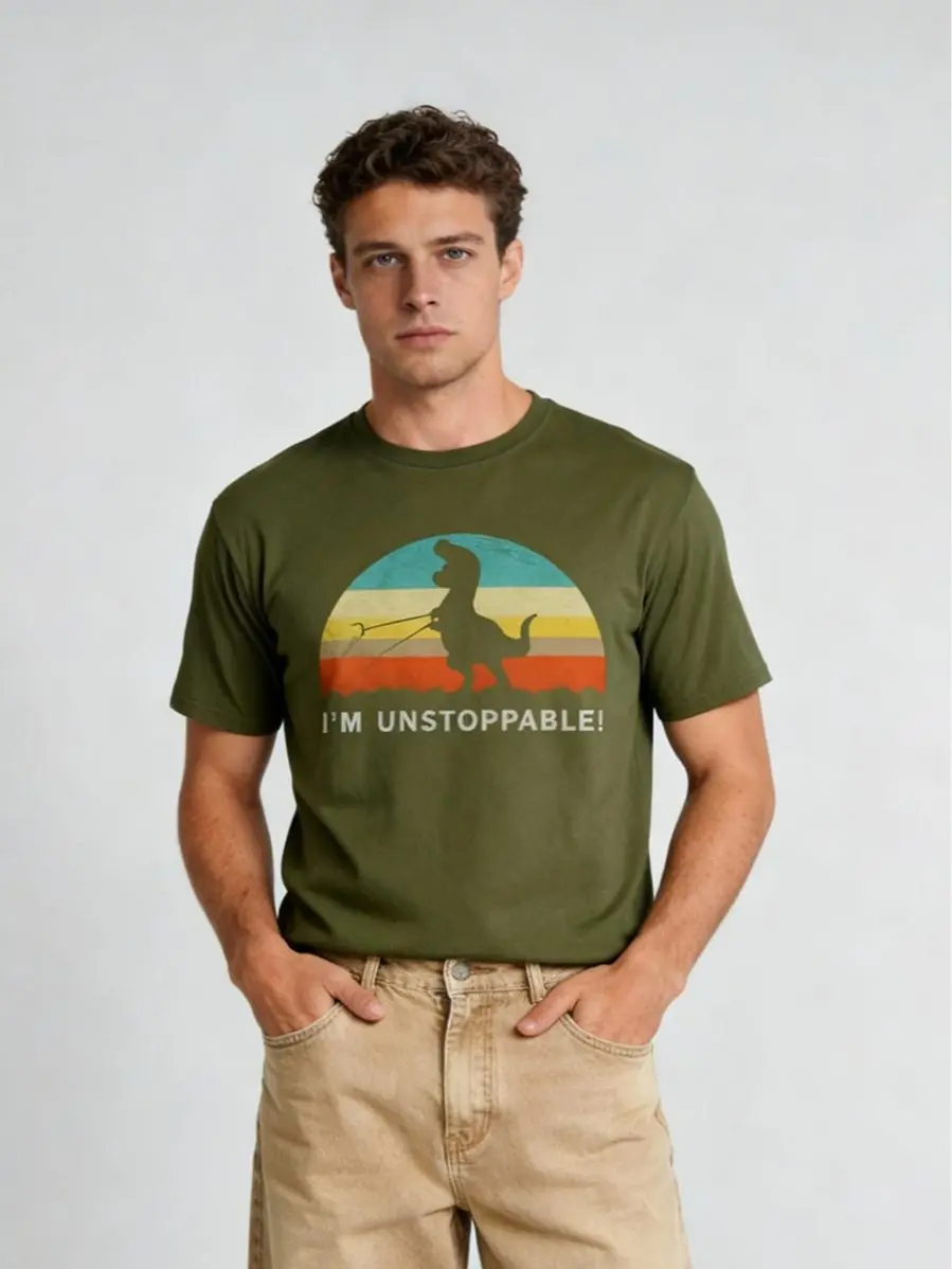 GEEKSOUTFIT Menswear Unisex Short-Sleeve T-Rex T-Shirt, Casual Tee with Funny "I'm Unstoppable" Graphic Print, Heavy-Duty 200gsm Cotton Crewneck Top, Tshirt, Shortsleeve