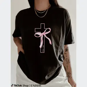 Soft & Comfortable 100% Cotton Pink Christian T-Shirt with John 3:16 and Bow Cross, Unisex