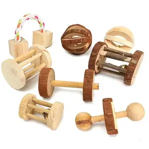 New Cute Rabbit Roller Toys Natural Wooden Pine Dumbells Unicycle Bell Chew Toys for Guinea Pigs Rat Small Pet Molars Supplies
