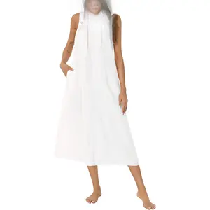 Women's Cotton Nightgowns Sleeveless Night Gown Embroidery House Dress Soft Long Nightdress with Pockets