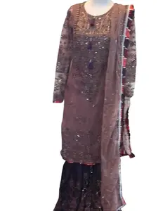 Sharara Suit - Long Sleeve Top with Decorative Embroidery and Matching Dupatta in Brown