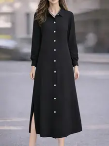 Women's casual long shirt dress, Long sleeve, French style, solid color, suitable for spring, summer and autumn, fashionable for everyday commuting.