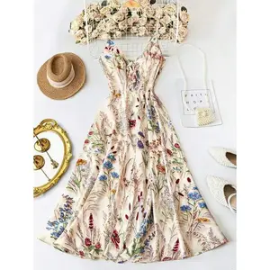 Women's 2025 Summer Floral Print A-Line Dress With Tie Bow Spaghetti Straps, Elegant For Vacation & Daily Wear Casual Fabric  Long Maxi Dress