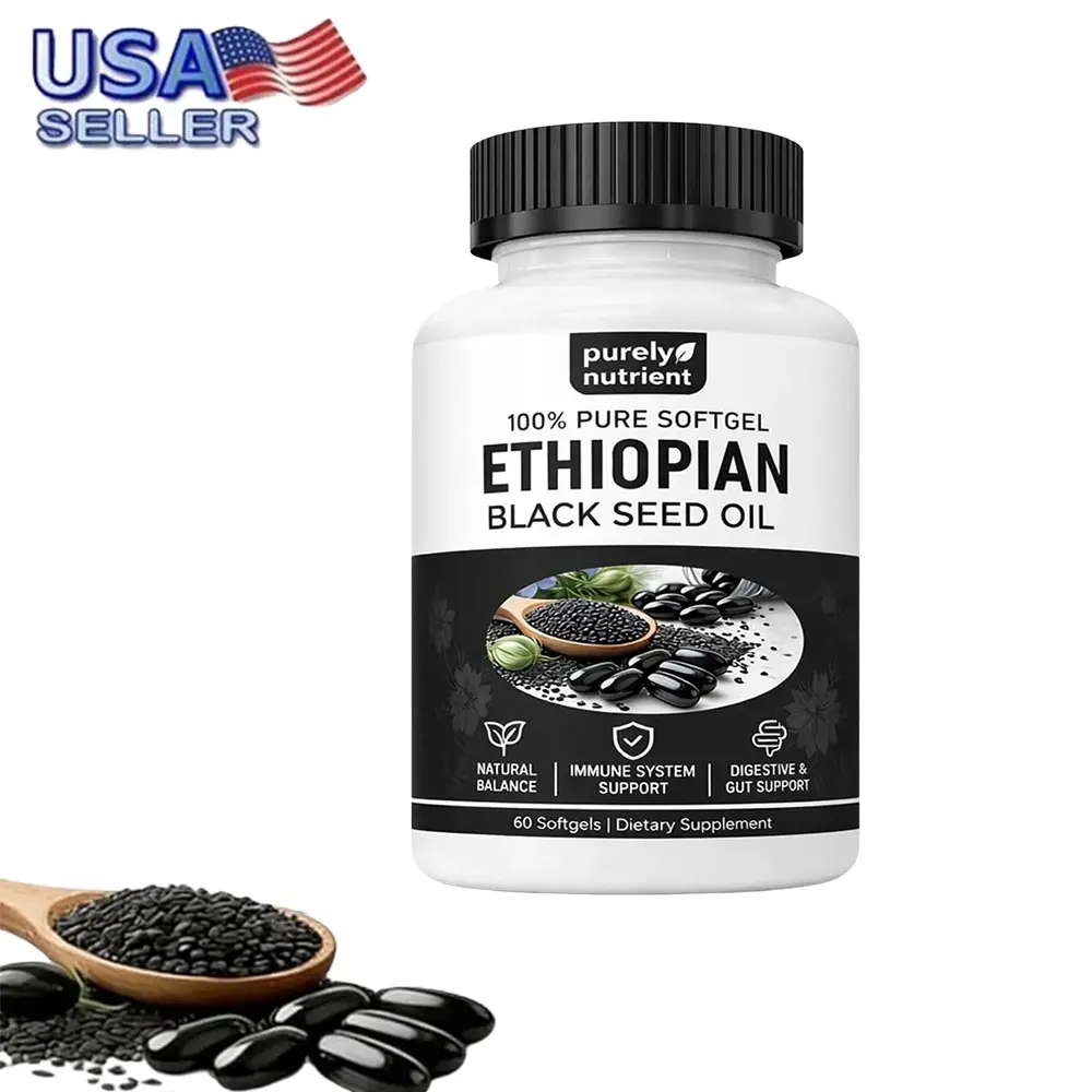 Ethiopian Black Seed Oil Softgels, 4.64% Thymoquinone, Cold Pressed Herbal Oil Supplement, Gluten Free, Daily Immune and Digestive Support, 60 Capsules