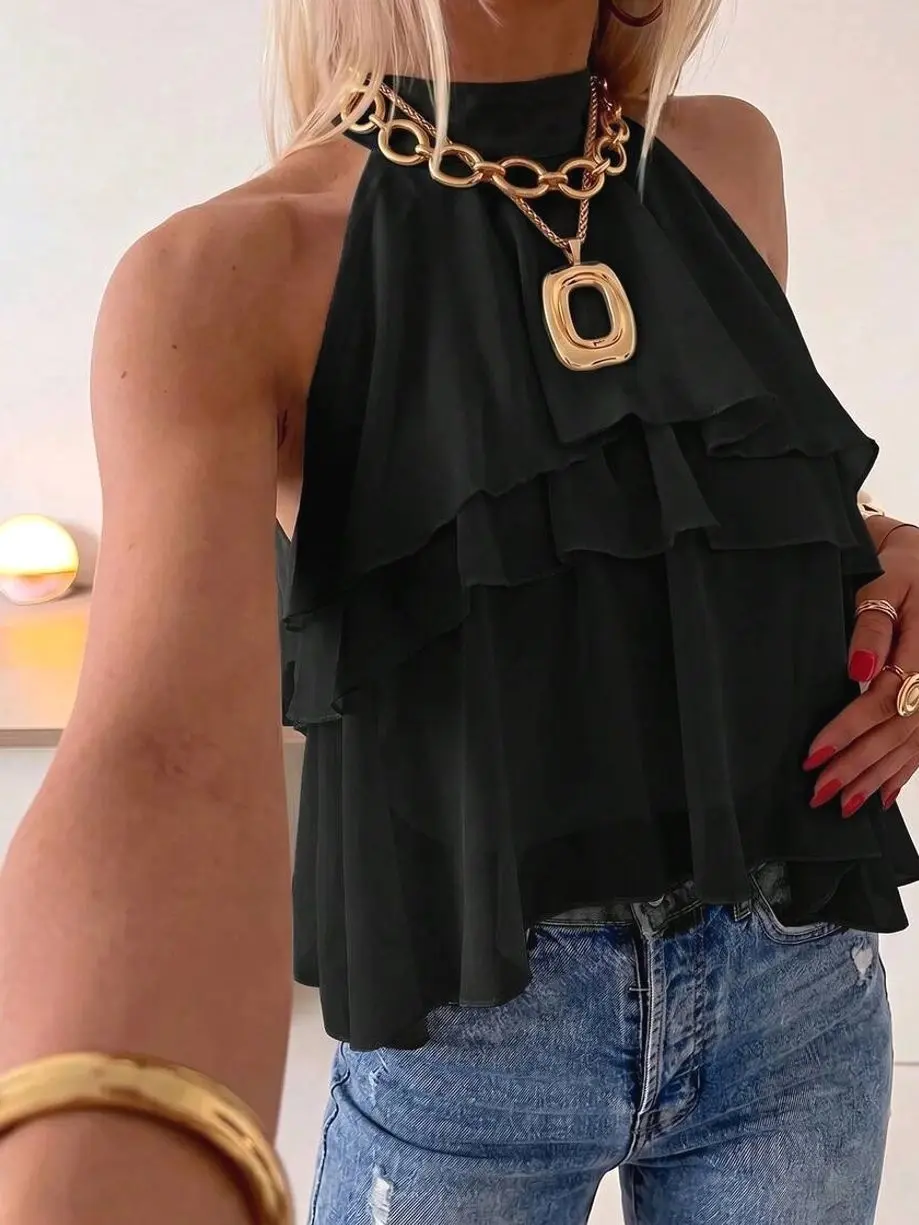 Ruffle Asymmetrical Chiffon Blouse, Elegant Loose Neck Sleeveless Top For Wedding Guest And Banquet