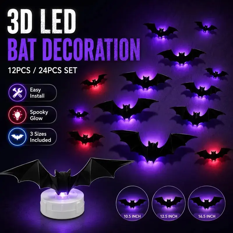 Halloween 3D Bat Light LED Decorations, 12/24 pieces, easy to install, no remote control required, suitable for home, parties, windows, doors, holidays, and other indoor decorations.