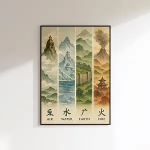 Avatar The Last Airbender Poster, Four Nations Wall Art, Elemental Print, Ba Sing Se Decor, Water Fire Earth Air Art (No Frame)