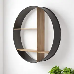 360 stand 36 in. Black & Brown Metal & Wood Round Geometric Multi-Tier Circular Shelf, Industrial Home Decor Platform with Easy Installation