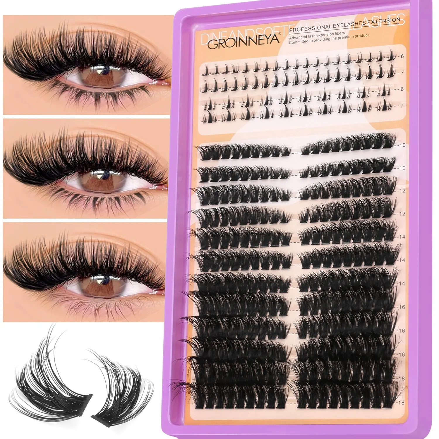 GROINNEYA 4 Rows Bottom Lashes & 12 Rows Upper Lashes Cluster Mix Length Eyelash Clusters Fairy False Lashes Volume Eyelashes, Puffy, Fluffy Lashes 3D C Curl Individual Lashes Medusa Lashes, Eyelash Extension To DIY, Suitable For Party And Vacation