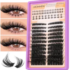 GROINNEYA 4 Rows Bottom Lashes & 12 Rows Upper Lashes Cluster Mix Length Eyelash Clusters Fairy False Lashes Volume, Puffy, Fluffy Lashes 3D C Curl Individual Lashes Medusa Lashes, Eyelash Extension To DIY, Suitable For Party And Vacation