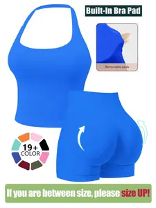 Two-Piece Set Women's Solid Color Halter Top & High Waist Shorts Sports Set, Sporty Breathable Quick Drying Outfits for Yoga Gym Workout Running, Ladies Athletic Sportswear for Summer, Quick Dry Activewear