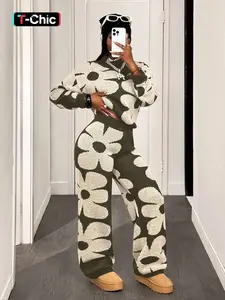 2pcs Women Floral Pattern Crew Neck Long Sleeve Sweater Top And Pants Set Women's Floral Pattern Round Neck Long Sleeve Sweater Set, Casual Everyday Loose Knit Top & Pants, Elegant Colorblock Design, 2 Piece Outfit, Loungewear, Womenswear