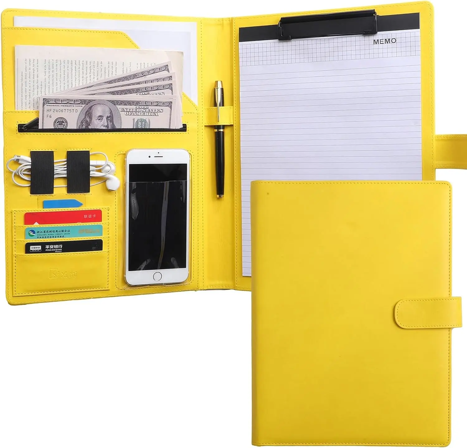 12.8 * 9.6 inch Business Portfolio Case, Document Organizer with Smartphone Access, Conference File Folder with A4/Letter Size Clipboard and Notepad - Yellow